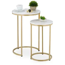 Relaxdays Satztisch, 2er Set, 2 Größen, Marmoroptik, Metall, runde Beistelltische, Wohnzimmer Couchtisch, weiß/Gold