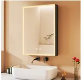 WDWRITTI Spiegelschrank LED Spiegelschrank Alu 50x70cm Badezimmer Schrank mit LED 1-türig (Wandschrank Badezimmer, 3Lichtfarben mit Dimmbarer Helligkeit, Speicherfunktion) Doppelspiegel, vormontiert geliefert schwarz