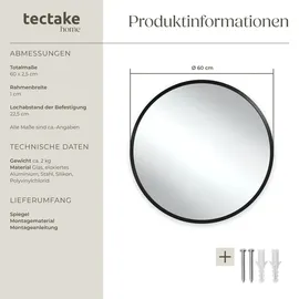 Tectake tectake® Runder Wandspiegel Ø 60 cm, 3 mm dickes Glas, integrierte Befestigungshaken