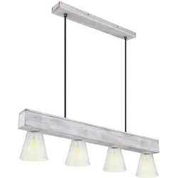 Pendellampe Holzleuchte hell Esstischlampe Hängelampe Wohnzimmer, Glas mit Luftblasen, Höhe vor Montage anpassbar, 4x E27, LxH 84x120 cm