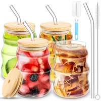 BUOAZR Latte Macchiato Gläser Set, 4 Stück 530ML Gewellte Glasbecher, Eiskaffee Gläser mit Deckel, mit Glasstrohhalmen und Reinigungsbürsten Schwammbürste, für Latte, Bier, Milch, Eiskaffee und Eistee