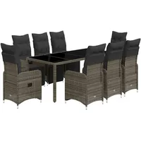 vidaXL 9-tlg. Garten-Bistro-Set mit Kissen Grau Poly Rattan