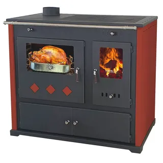Prometey Kaminofen mit Backfach und Herdplatte Pracktik Lux Rot LINKS Holzofen 9,5 kW Kamin Ofen Dauerbrandofen Werkstattofen Schwedenofen Hüttenofen Heizofen