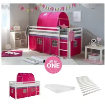 Homestyle4u Hochbett Kinder 90 x 200 cm Kiefer lackiert weiß pink