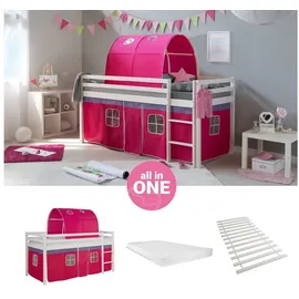 Homestyle4u Hochbett Kinder 90 x 200 cm Kiefer lackiert weiß pink