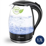 TRESKO Wasserkocher Glas 1,7L Glaswasserkocher LED Beleuchtung Edelstahl 2200W Teekocher BPA frei Teekessel - Schwarz