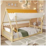 HAUSS SPOLE Kinderbett 90x200 mit Zelt abnehmbar,Holzbett Begestell mit Sicherheitsgeländer (abnehmbares Zelt, stabiles Lattenrost, Sicherheitsgeländer, aus Kiefer + Sperrholz 90x200 cm), ohne Matratze beige