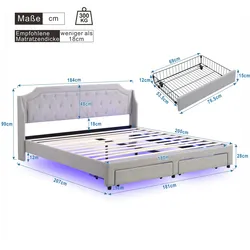 Merax Polsterbett, LED Beleuchtung Doppelbett 2 Schubladen 180x200cm Leinen, grau