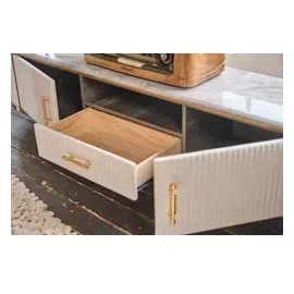 KAWOLA Lowboard MARIA TV-Bank Marmorplatte Kunstleder weiß