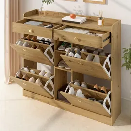 Okwish Schuhschrank 110 x 100 x 26 cm mit 4 Klapptüren und 2 Schubladen beige