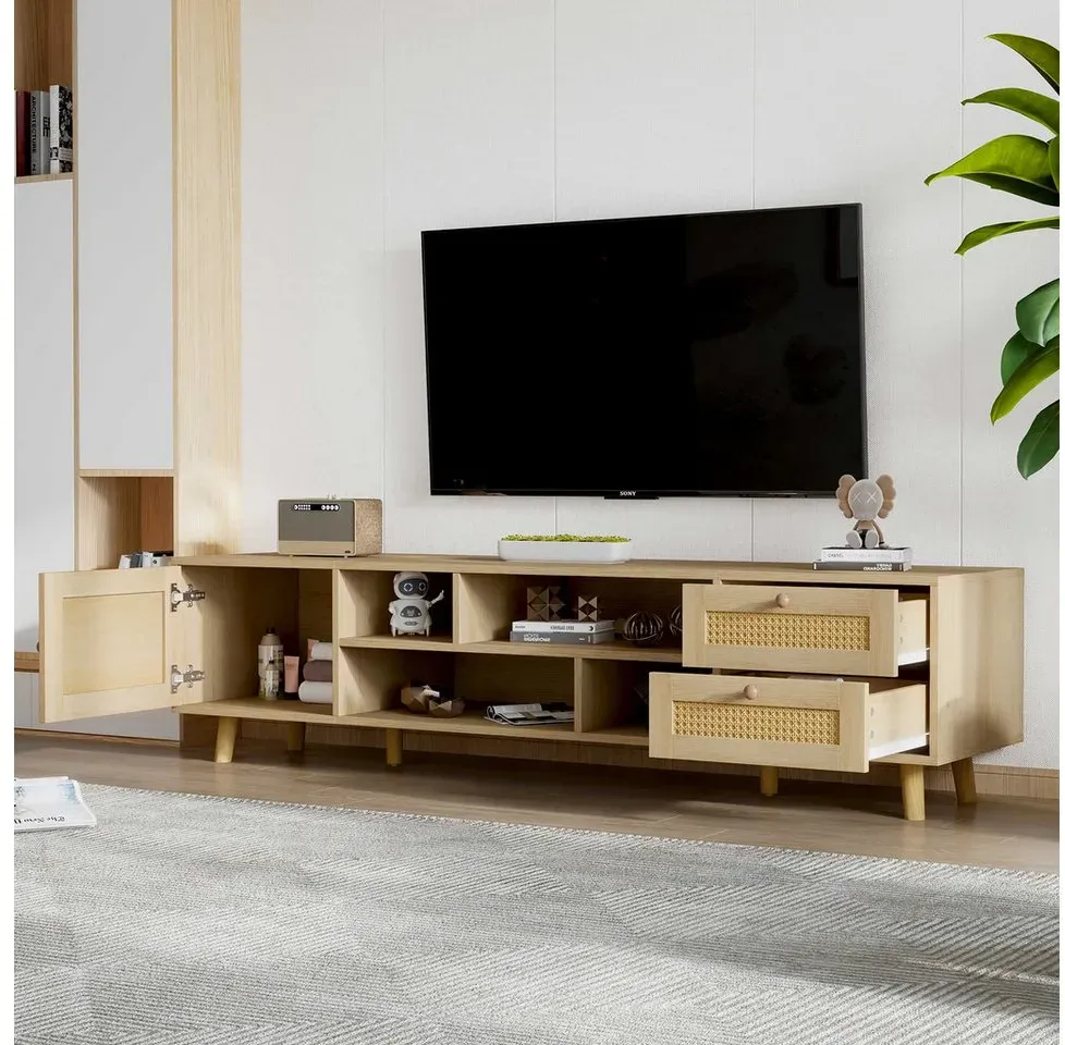 BlingBin TV-Schrank TV-lowboards (1-St., Rattan-TV-Schrank für 70-Zoll-Fernseher- Kabelmanagement) 2 Schubladen, 1 Tür, 160cm beige