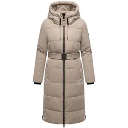 NAVAHOO Damen Steppmantel lang Wintermantel Parka Jacke wasserabweisend, Kapuze, Teddyfell, Kragen, Gürtel Herbstnebel