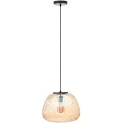 BRILLIANT Pendelleuchte "Kaizen", schwarz (amber, bernstein, schwarz matt), Ø 35,00cm, Lampen, Riffelglas, D 35 cm, E27, kürzbar, Amber-Bernsteinfarben