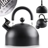 Vilde Edelstahl Wasserkessel Induktion - 3 L Matt Schwarz - Bequemer Griff - Für Alle Herdarten Einschließlich Induktion - Flötenkessel Gasherd - Klappbare Pfeife - Energieeffizient - 23 cm Höhe