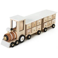 Brubaker Weihnachtszug Eisenbahn Adventskalender aus Holz Naturfarben Weiß 46 x 9,5 x 10,7 cm