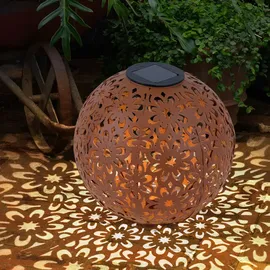 Expo Börse Solarleuchte für Außen Kugel Solar Gartendeko Solarlampe rost Erdspieß, Blumen Dekorstanzungen, Metall, LED warmweiß, d 20 cm, 2er Set
