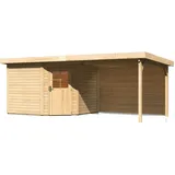 Karibu Gartenhaus Neuruppin 3 inkl. 300 cm Schleppdach und Rückwand – 28 mm-274 x 303 (Aufstellmaße), Flachdach beige