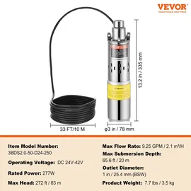 Vevor Solar Wasserpumpe, 24 V DC, 277 W, Tiefbrunnenpumpe, max. Durchfluss 2,1 m3/H, max. Förderhöhe 83 m, max. Eintauchtiefe 20 m, Bewässerung...