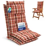 Beautissu 2er Set Gartenstuhlauflagen Hochlehner Auflagen 120x50 cm – 7cm Polster Sitzauflagen Gartenmöbel Made in EU – UV-Lichtecht Sitzpolster Gartenstuhl Orange Rot Grün Kariert – HighLux HL