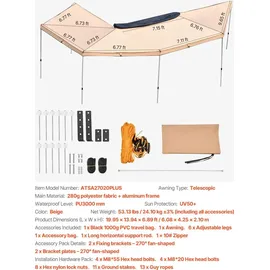 Vevor Markise Auto, 270°-Markise, 6,08x4,25x2,10 m, Sonnensegel, wasserdicht (UV50+), inklusive Tragetasche, freistehendes Allwetter-Vordach für SUV, Van, LKW & Camping
