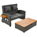 Garten-Lounge-Sessel-Set, Rattan, verstellbare Rückenlehne, Stützfuß, mit Fußhocker oder als Outdoor-Bett nutzbar, mit Rückenkissen und Sitzki...
