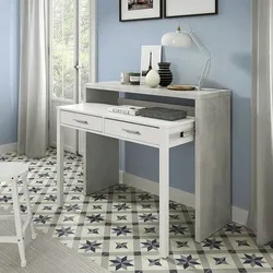 Dmora Konsolentisch Billings, Schreibtisch mit ausziehbarer Platte, PC-Schreibtisch mit 2 Schubladen, 99x36h88 cm, Zement und Weiß