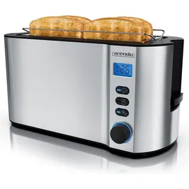 Arendo Toaster 4 Scheiben, Langschlitztoaster, Langschlitz, Edelstahl, 1500W, Display mit Restzeitanzeige, Brötchenaufsatz, Defrost Funktion, Wärmeisolierendes Gehäuse, Silber