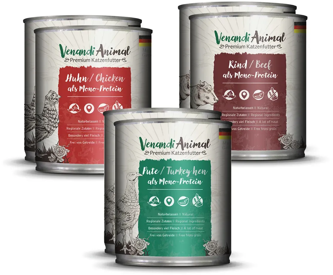 Venandi Animal 6x800g Mix-Paket Katzennassfutter Huhn/Pute/Rind