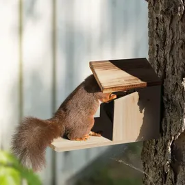 Relaxdays Eichhörnchen Futterhaus, Holz, Klappdach, Sitzplattform, Eichhörnchenhaus, HxBxT: 17,5 x 12 x 25 cm, Natur