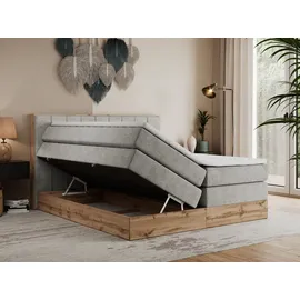 MKS Meble King Boxspringbett 160x200 mit Bettkasten Eiche, Polsterbett mit Matratze H3, Bett mit Rahmen in Wotan Eiche und Kopfteil... - Hellgrau