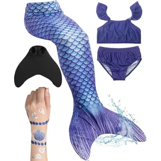 corimori Meerjungfrauenflosse für Mädchen, Kinder, Jugendliche Schwimmflosse mit Bikini und Tattoos Meerjungfrau Kailani (blau-schwarz) Körpergröße bis...