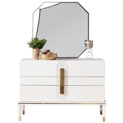 Casa Padrino Luxus Schlafzimmer Kommode mit Wandspiegel Weiß / Gold - Moderner Massivholz Schrank mit elegantem Spiegel - Luxus Schlafzimmer Möbel