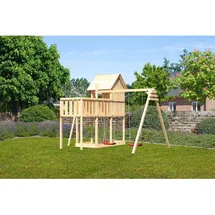 Karibu Spielhaus Frieda mit Doppelschaukel und Anbauplattform Natur