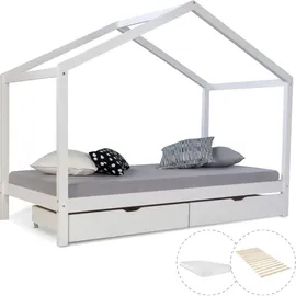 Homestyle4u Hausbett 90 x 200 cm Kiefer massiv weiß
