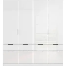 Rauch Möbel Aberdeen, Drehtürenschrank Kleiderschrank, Schrank Garderobe 4-türig, 8 Schubladen, Farbe Weiß/Hochglanz weiß, Griffe Grau metallic, 181x197x54cm