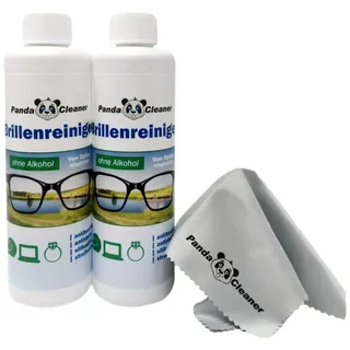 PANDACLEANER Brillenreiniger Nachfüll-Set, alkoholfrei, Antibeschlagwirkung + antistatisch, Tuch | Flaschen 2x 250 ml