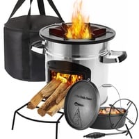 Raketenofen Inkl. 4L Dutch Oven Set aus Gusseisen, Rocket Stove Ø26*25 cm mit Tragetasche & Brennholzständer & Kohlegitter,Dickem Gusseisen Kochtopf mit Deckelheber Spiralförmiger Henkel & Topfständer