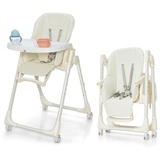 DREAMADE Hochstuhl Klappbar, Verstellbarer Kinderhochstuhl mit Universalrädern, 5-Punkt-Sicherheitsgurt, Doppeltablett & Abnehmbarem Kissen, Babystuhl Baby 6-36 Monate, bis 15kg (Beige)