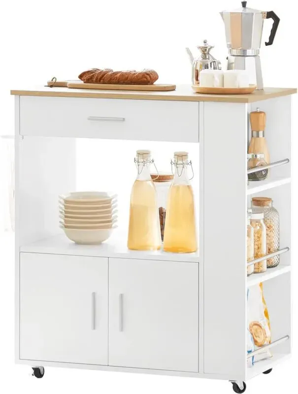 SoBuy Kücheninsel auf Rollen mit Aufbewahrungstrolley, Schublade, Regalböden und Schrank – Küchenwagen im Butcher-Block-Stil – Weißer Holzoptik, 82 x 46 x 88 cm
