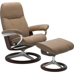 Relaxsessel STRESSLESS "Consul", braun (almond paloma), B:82cm H:102cm T:72cm, Leder BATICK: BATICK ist ein leicht korrigiertes, durchgefärbtes und genarbtes Möbelleder, bei dem die meisten Unebenheiten und Spuren in der Regel entfernt wurden., Leder PALOMA: PALOMA ist ein durchgefärbtes Semianilin-Möbelleder mit natürlicher Narbung., ROHLEDER Stoff Q2 FARON: Ein fester zuverlässiger Bouclu00e9 mit einem strukturierten Aussehen und einer komfortablen Oberfläche (100% Polyester im Flor, Grundgewebe: 50% Polyester, 50% Polyacryl), Struktur fein JASMINE (90% Polyester, 10% Baumwolle), Sessel, mit Hocker, mit Signature Base, Größe M, Gestell Braun