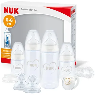 NUK First Choice+ Babyflaschen-Set | 0–6 Monate | 4 x Flaschen mit Temperaturkontrolle, Schnuller, Flaschenbürste & mehr | BPA-frei | grau & weiß | 10-teilig