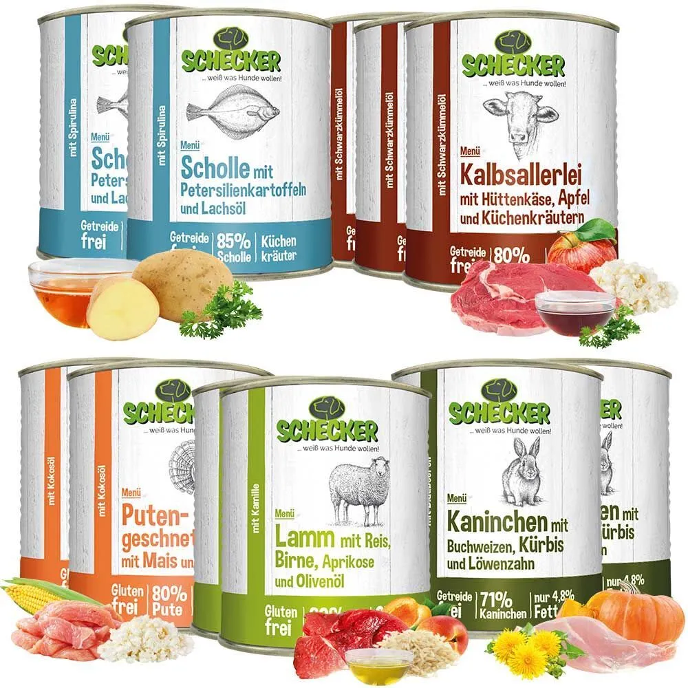 Schecker Nassfutter - Hundemenü Auswahl Kalb Kaninchen Lamm Pute und Fisch Futter 11x820 g