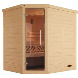 Sauna WEKA "Design-Sauna KEMI", beige (natur), Bio-Ofen, externe Steuerung, 4,5 kW, Saunen, Blockbohlen, vorgefertigte Elemente, moderne Ganzglastür