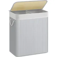 Songmics Wäschekorb 2 Fächer, 100 L mit Deckel, Wäschebox Bambus, mit Griffen, faltbar, Wäschesack herausnehmbar maschinenwaschbar, Waschküche, grau