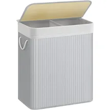 Songmics Wäschekorb 2 Fächer, 100 L mit Deckel, Wäschebox Bambus, mit Griffen, faltbar, Wäschesack herausnehmbar maschinenwaschbar, Waschküche, grau