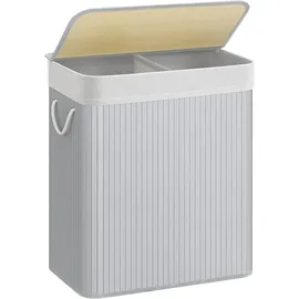 Songmics Wäschekorb 2 Fächer, 100 L mit Deckel, Wäschebox Bambus, mit Griffen, faltbar, Wäschesack herausnehmbar maschinenwaschbar, Waschküche, grau