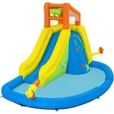 Bestway H2OGO! Mega-Wasserpark Wasserberg, 435 x 286 x 267 cm, für 5 Kinder, Rutsche, Kletterwand, Wasserkanone, Dauergebläse, PVC-beschichtetes Polyester, ab 5 Jahren, Tasche, Reparatur-Set