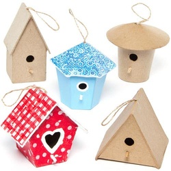 Mini Vogelhäuser aus Pappmache (pro Set 6) Basteln mit Holz