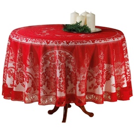 dynamic24 runde Spitzen Tischdecke Ø 180cm rot mit Blumenmuster Tisch Decke Tafel Tuch Tischläufer rund aus Polyester Tischwäsche Spitze Küchentischdecke Esszimmertisch