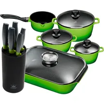 King Topf-Set 11-tlg. 3 x Kochtopf + Kasserolle + Bräter + Messerblock grün
